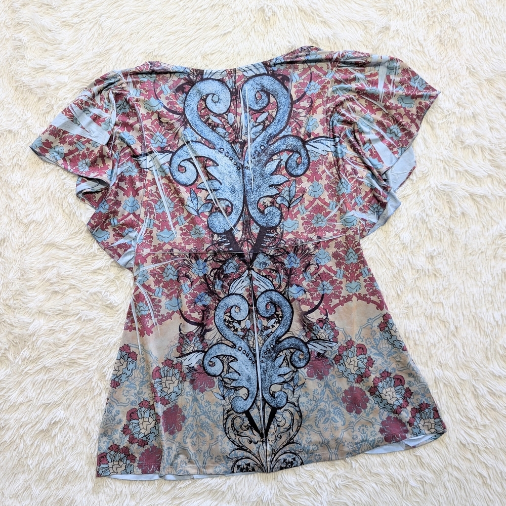 Y2K Oneworld Blue Pink Butterfly Embroidery Flutter Sleeve Fairycore Top Medium - Picture 7 of 13